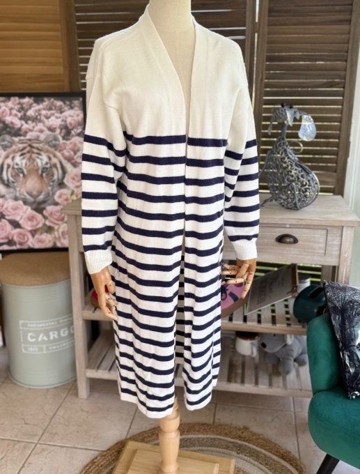 Maxi-Gilet long sans laine ample rayé marine et blanc douceur soie ++++ du 34 au 42