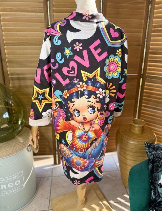 Veste longue suédine noire Betty Boop Hippie Girl du 36 au 46/48 et même +  