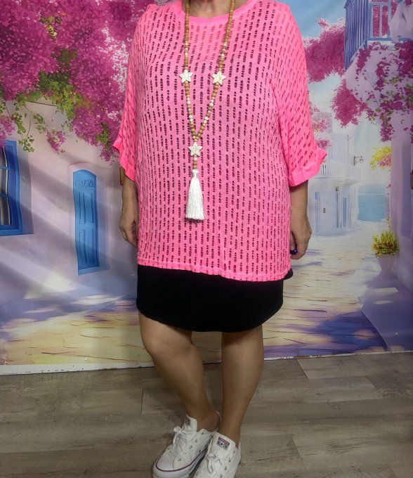 Tee-shirt long ou tunique ample maille filet rose fluo douceur +++  du 38 au 48/50