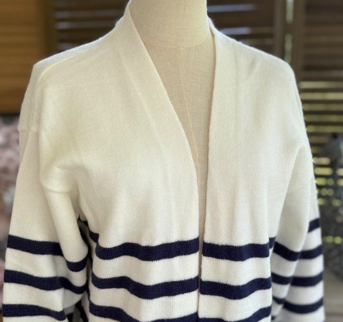 Maxi-Gilet long sans laine ample rayé marine et blanc douceur soie ++++ du 34 au 42