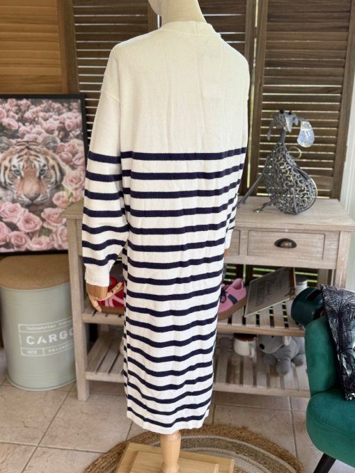 Maxi-Gilet long sans laine ample rayé marine et blanc douceur soie ++++ du 34 au 42