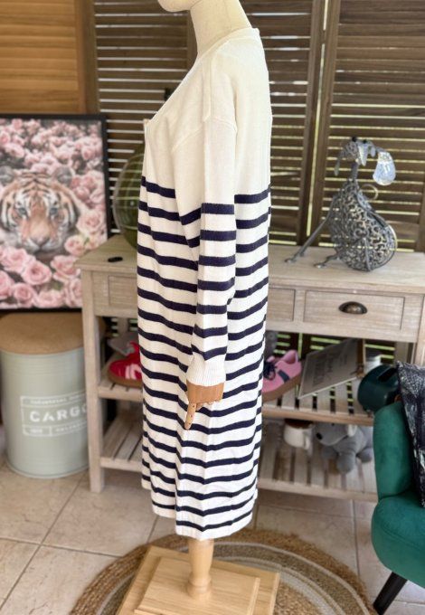 Maxi-Gilet long sans laine ample rayé marine et blanc douceur soie ++++ du 34 au 42