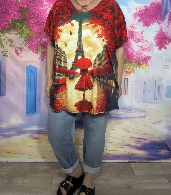 Top fin ample roses rouges La belle Parisienne en balade du 42 au 54/56 