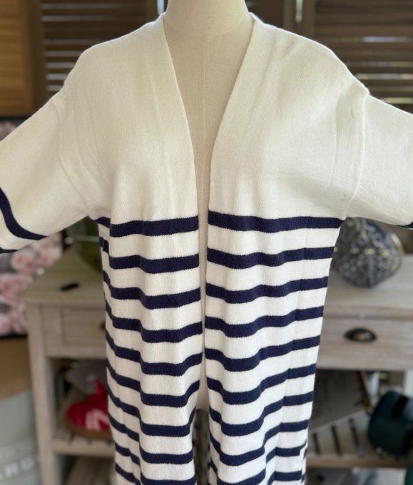 Maxi-Gilet long sans laine ample rayé marine et blanc douceur soie ++++ du 34 au 42