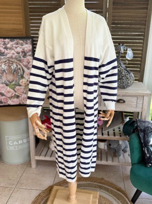 Maxi-Gilet long sans laine ample rayé marine et blanc douceur soie ++++ du 34 au 42