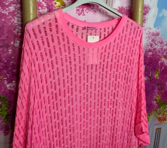 Tee-shirt long ou tunique ample maille filet rose fluo douceur +++  du 38 au 48/50
