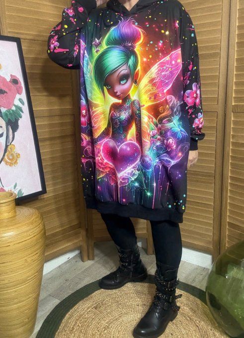 Sweat à capuche long multicolore ou robe sweat La Fée Papillon du 42 au 52