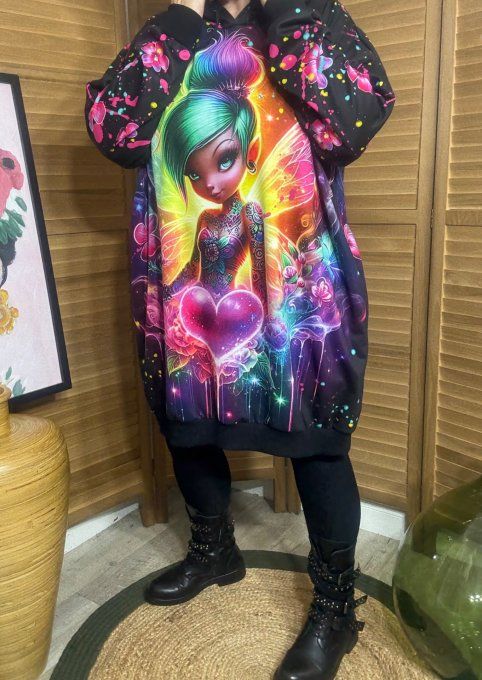 Sweat à capuche long multicolore ou robe sweat La Fée Papillon du 42 au 52
