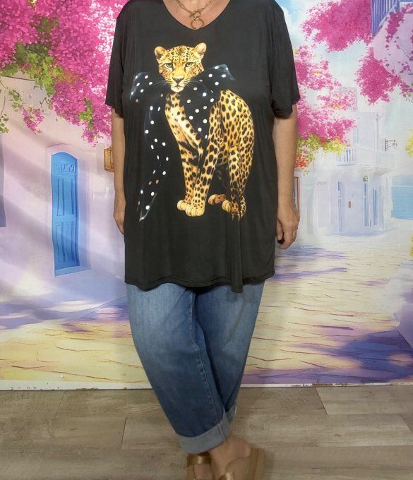 Tee-shirt fin trapèze oversize lycra noir Le Majestueux Léopard au noeud à pois du 40 au 54 