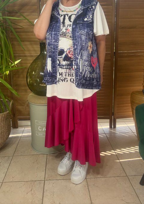 Top trapèze effet veste en jeans brut délavé Queen Mexican Skulls du 38 au 48/50  