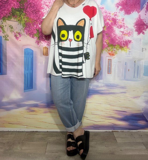 Top fin ample blanc Le Chat aux ballons Coeurs du 42 au 54/56 