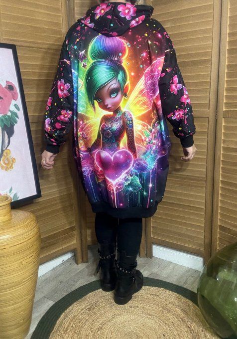 Sweat à capuche long multicolore ou robe sweat La Fée Papillon du 42 au 52