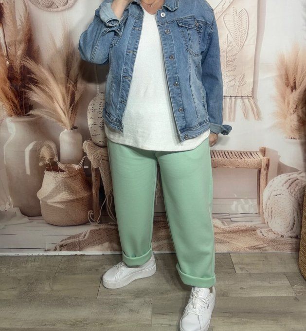 pantalon façon jogg vert d'eau boutons dorés + ceinture confort  ++++ du 38 au 50  