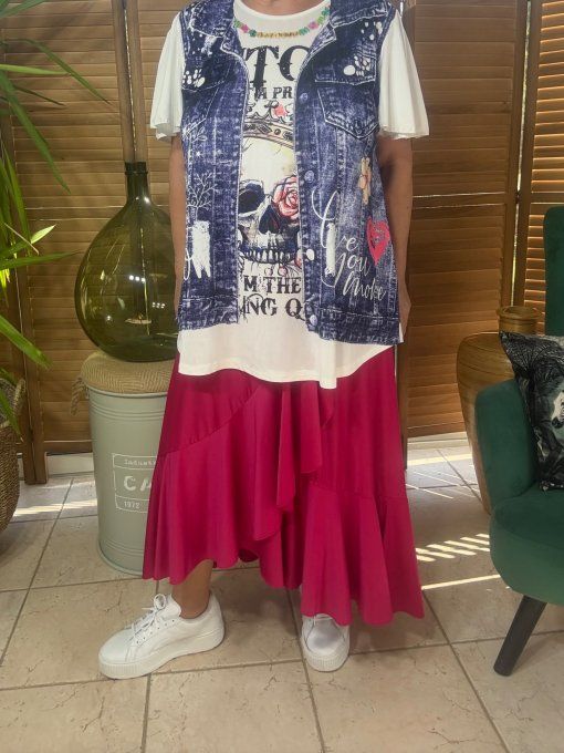 Top trapèze effet veste en jeans brut délavé Queen Mexican Skulls du 38 au 48/50  