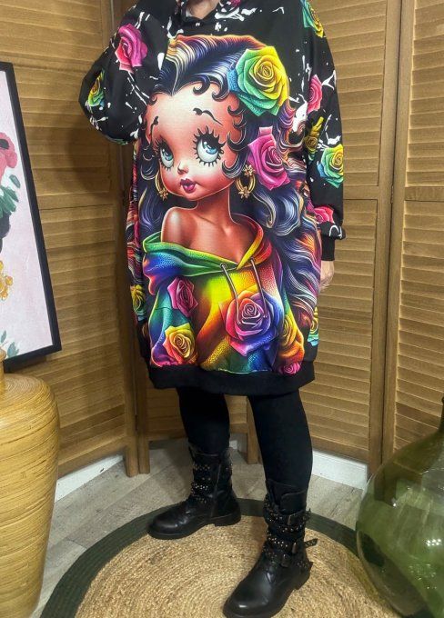 Sweat à capuche long ou robe sweat Betty Boop aux roses multicolores du 42 au 52