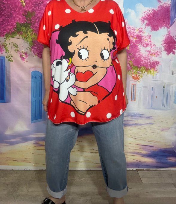 Top fin ample rouge pois blancs Betty Boop et son chien du 42 au 54/56  