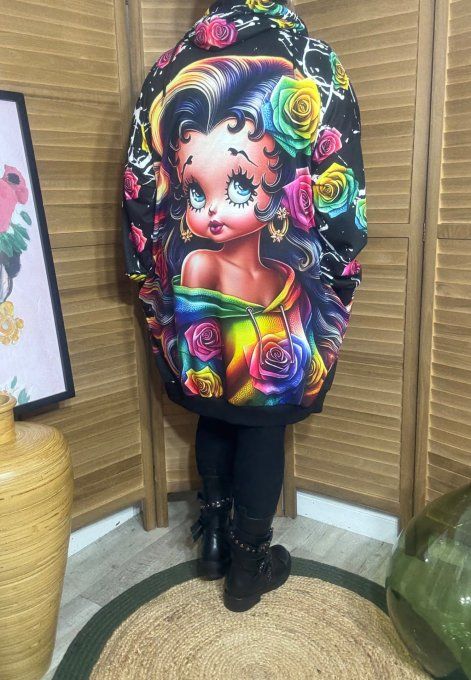 Sweat à capuche long ou robe sweat Betty Boop aux roses multicolores du 42 au 52