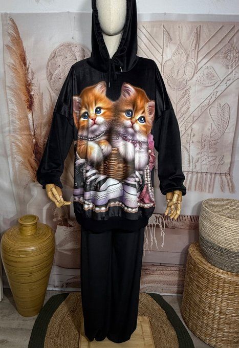 Survêtement ou Ensemble détente velours noir Les 2 Chats dans le panier du 38 au 52/54 