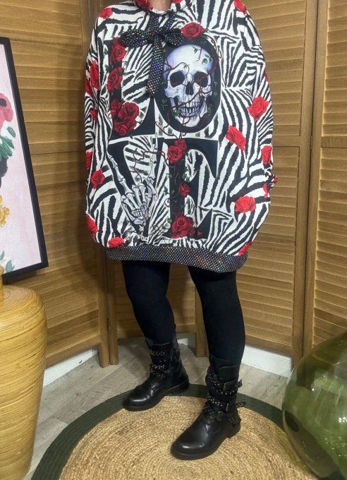Sweat à capuche long zébré Skeleton & Red Roses paillettes du 40 au 50/52  