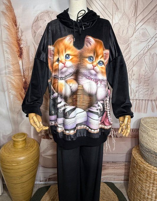 Survêtement ou Ensemble détente velours noir Les 2 Chats dans le panier du 38 au 52/54 