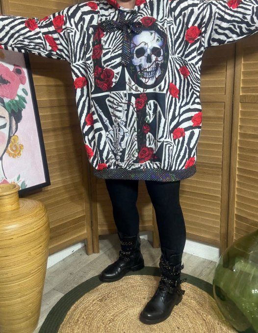 Sweat à capuche long zébré Skeleton & Red Roses paillettes du 40 au 50/52  