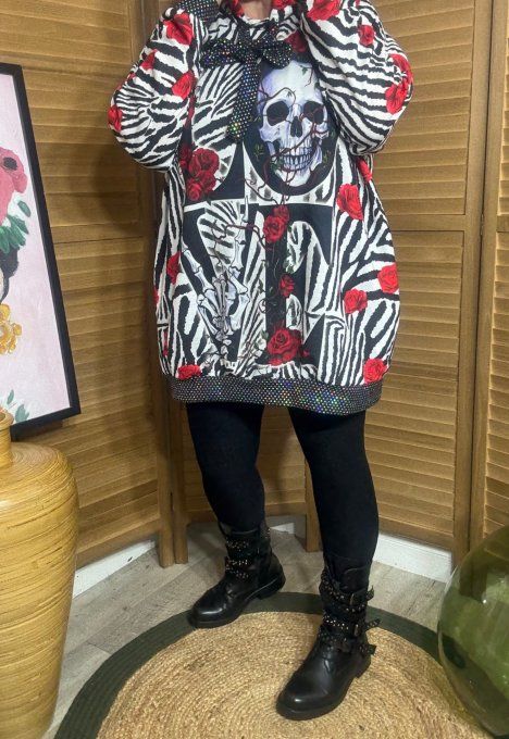 Sweat à capuche long zébré Skeleton & Red Roses paillettes du 40 au 50/52  