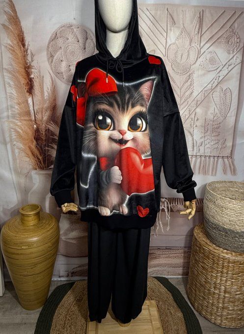 Survêtement ou Ensemble détente velours noir Le Chat au coeur rouge du 38 au 52/54