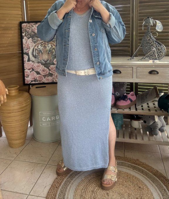 Maxi-robe longue bleu jeans doré or du 38 au 42 et même bien + si portée près du corps