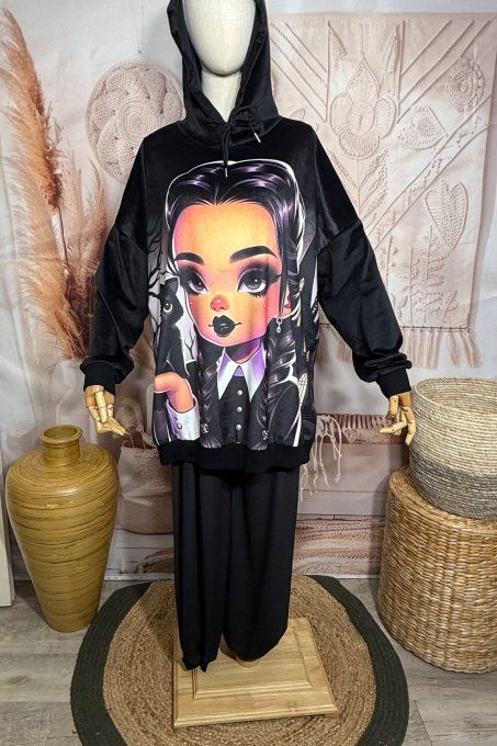 Survêtement ou Ensemble détente velours noir Mercredi Famille Adams et chat noir du 38 au 52/54 