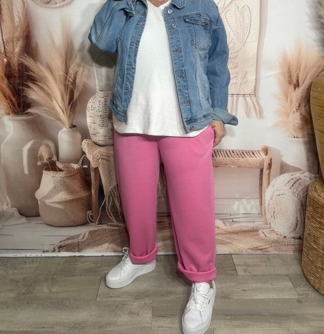 pantalon façon jogg rose fuschia boutons dorés + ceinture confort  ++++ du 38 au 50 