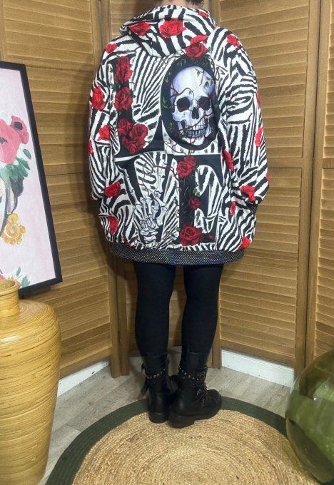 Sweat à capuche long zébré Skeleton & Red Roses paillettes du 40 au 50/52  