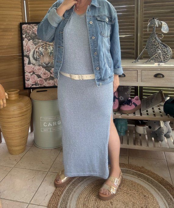 Maxi-robe longue bleu jeans doré or du 38 au 42 et même bien + si portée près du corps