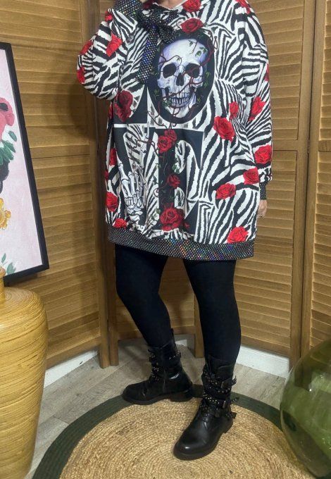 Sweat à capuche long zébré Skeleton & Red Roses paillettes du 40 au 50/52  
