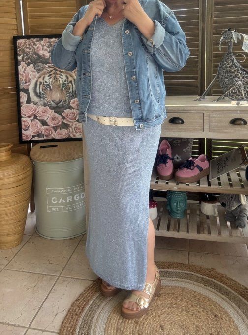 Maxi-robe longue bleu jeans doré or du 38 au 42 et même bien + si portée près du corps