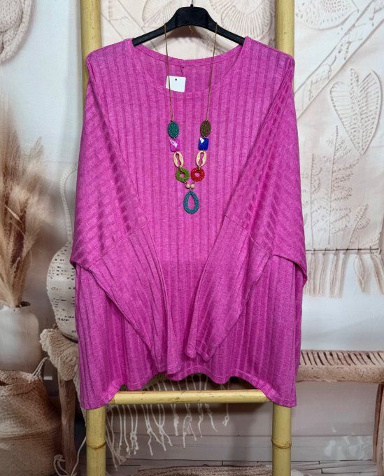 Tunique oversize côtelée rose fuschia + collier douceur +++  du 42 au 58/60 et même + 