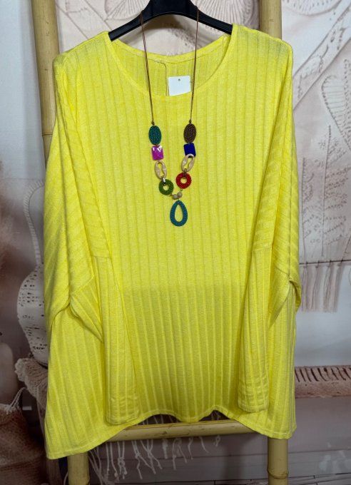Tunique oversize côtelée jaune doux + collier douceur +++  du 42 au 58/60 et même + 