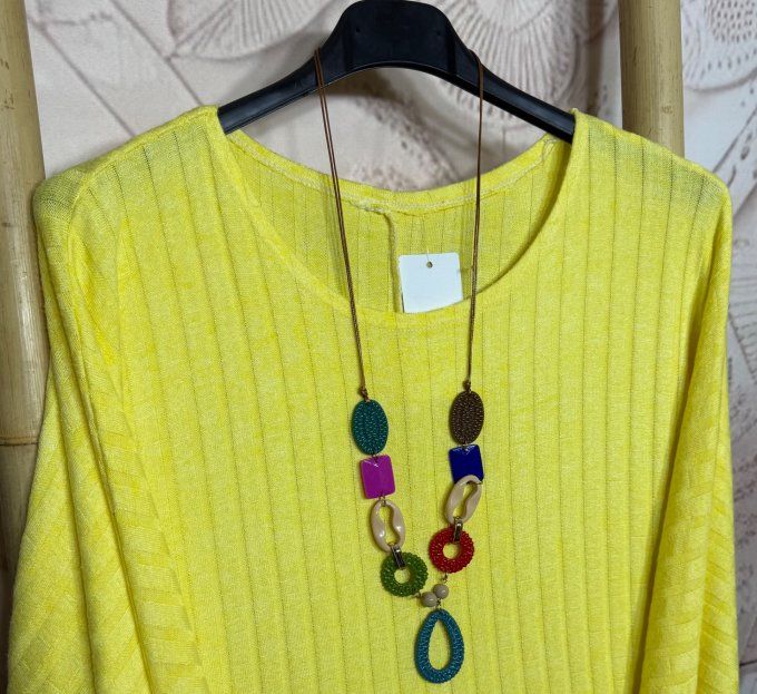 Tunique oversize côtelée jaune doux + collier douceur +++  du 42 au 58/60 et même + 