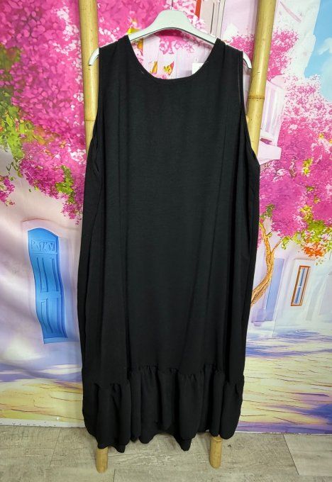 Robe ample mi-longue noire sans manches dos triangle bas volanté douceur +++ du 42 au 52/54