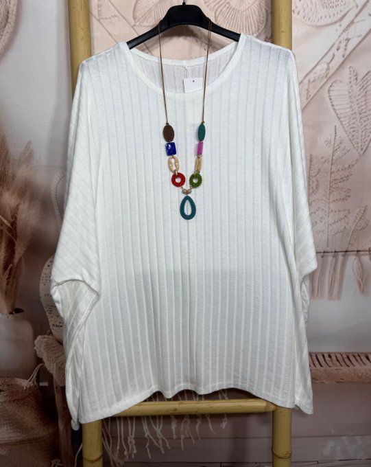 Tunique oversize côtelée blanche + collier douceur +++  du 42 au 58/60 et même +  