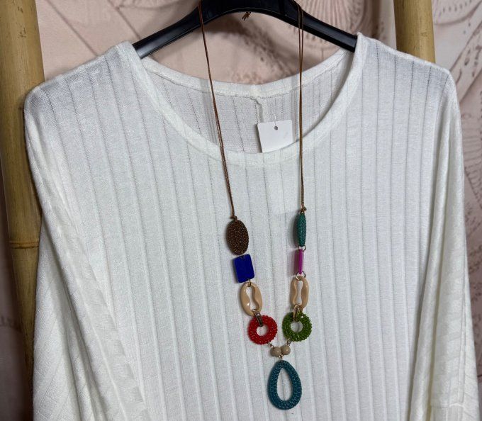 Tunique oversize côtelée blanche + collier douceur +++  du 42 au 58/60 et même +  