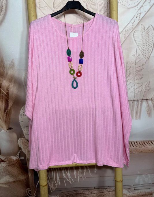 Tunique oversize côtelée rose bébé + collier douceur +++  du 42 au 58/60 et même +