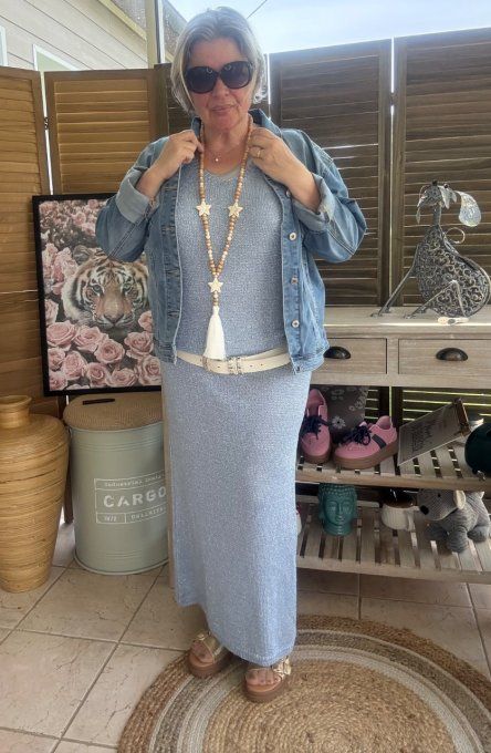 Maxi-robe longue bleu jeans doré or du 38 au 42 et même bien + si portée près du corps