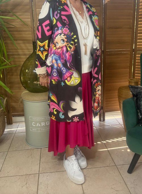 Veste longue suédine noire Betty Boop Hippie Girl du 36 au 46/48 et même +  