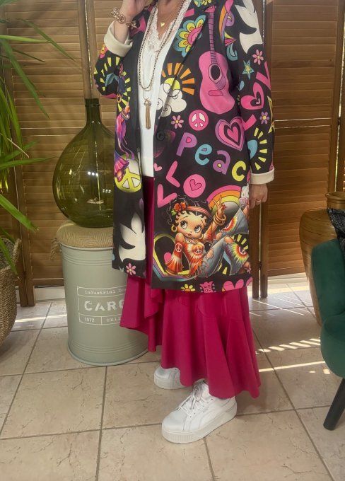 Veste longue suédine noire Betty Boop Hippie Girl du 36 au 46/48 et même +  