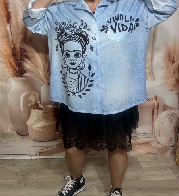Chemise ample effet chemise en jeans délavé Viva Frida Kahlo du 40 au 52  