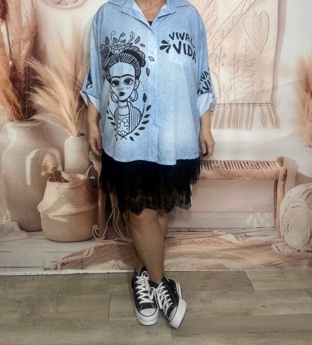 Chemise ample effet chemise en jeans délavé Viva Frida Kahlo du 40 au 52  