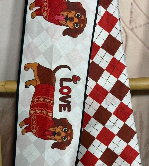 Foulard satiné long 2 faces Jacquard losanges Mon Chien Teckel chic ++++