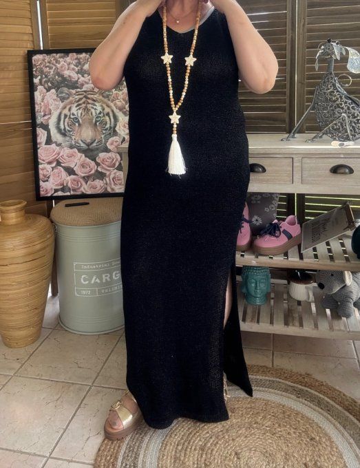 Maxi-robe longue noire lurex doré or du 38 au 42 et même bien + si portée près du corps 