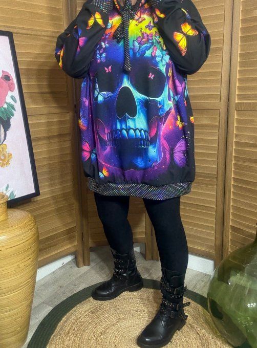 Sweat à capuche long noir Skulls & Butterflies paillettes du 40 au 50/52  