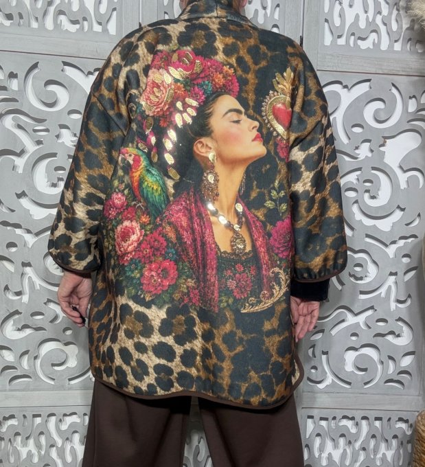 Veste longue façon manteau polaire Léopard & dorée Frida Kahlo aux Fleurs douceur +++ du 40 au 52